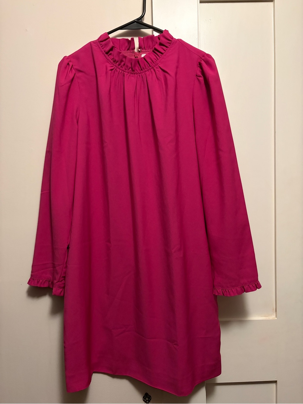 J. Crew Bright Pink Ruffle-Neck Long Sleeve Dress